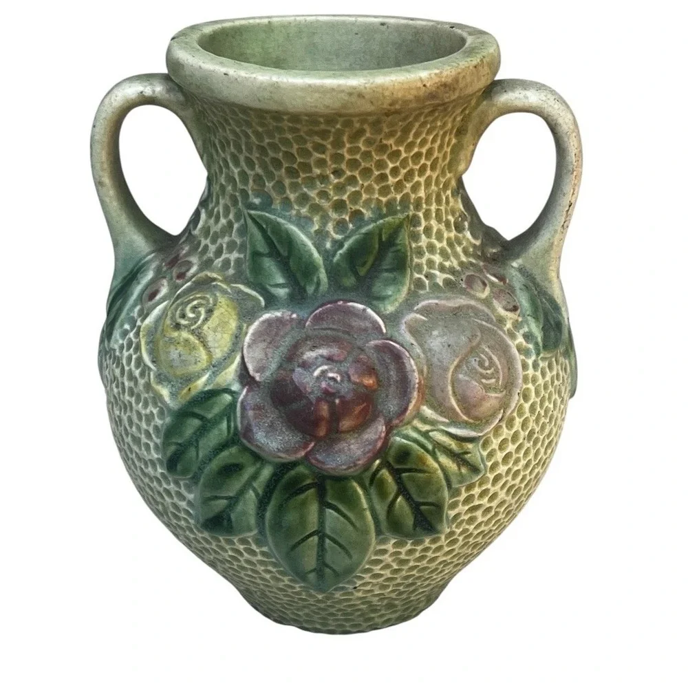 Antique Roseville Rozane Double Handle Roses Floral Art Pottery Vase 6.5